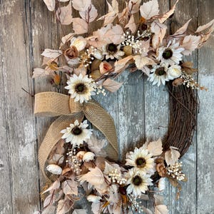 Neutral Fall Wreath: Beige Maple Leaf, Sunflower, Farmhouse Door Decor