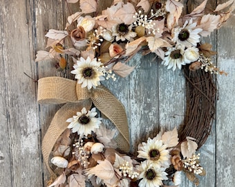 Neutral Fall Wreath: Beige Maple Leaf, Sunflower, Farmhouse Door Decor