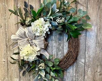 Spring hydrangea wreath,Spring Farmhouse Wreath, Ivory hydrangea wreath, Spring rustic wreath,