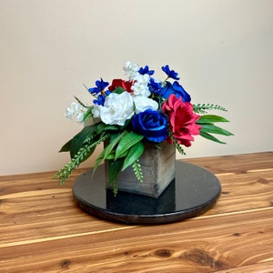 Farmhouse Patriotic Flower Arrangement, Farmhouse Patriotic Red, White, and Blue Centerpiece