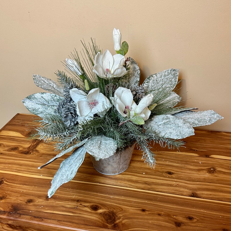 Christmas Magnolia Flower Arrangement, White Christmas Flower Arrangement image 7