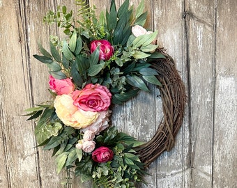 Spring Wreath for Front Door, Peony Spring Wreath for Front Door, Ranunculus Wreath,  Gift for Mom, Pink Spring Wreath