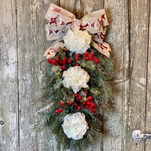 Door Swag Vertical, Teardrop Door Wreath, Pine Wreath, Christmas Wreath, Winter Peony Wreath