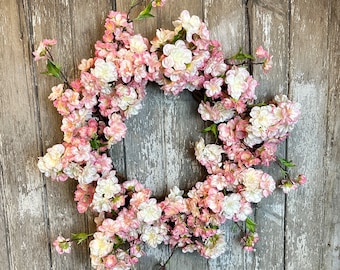 Spring Pink Cherry Blossom Wreath for Front Door, Pink Spring Wreath for Front Door