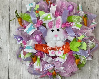 Deco Mesh Easter Wreath, Easter Wreath for Front Door, Bunny Wreath