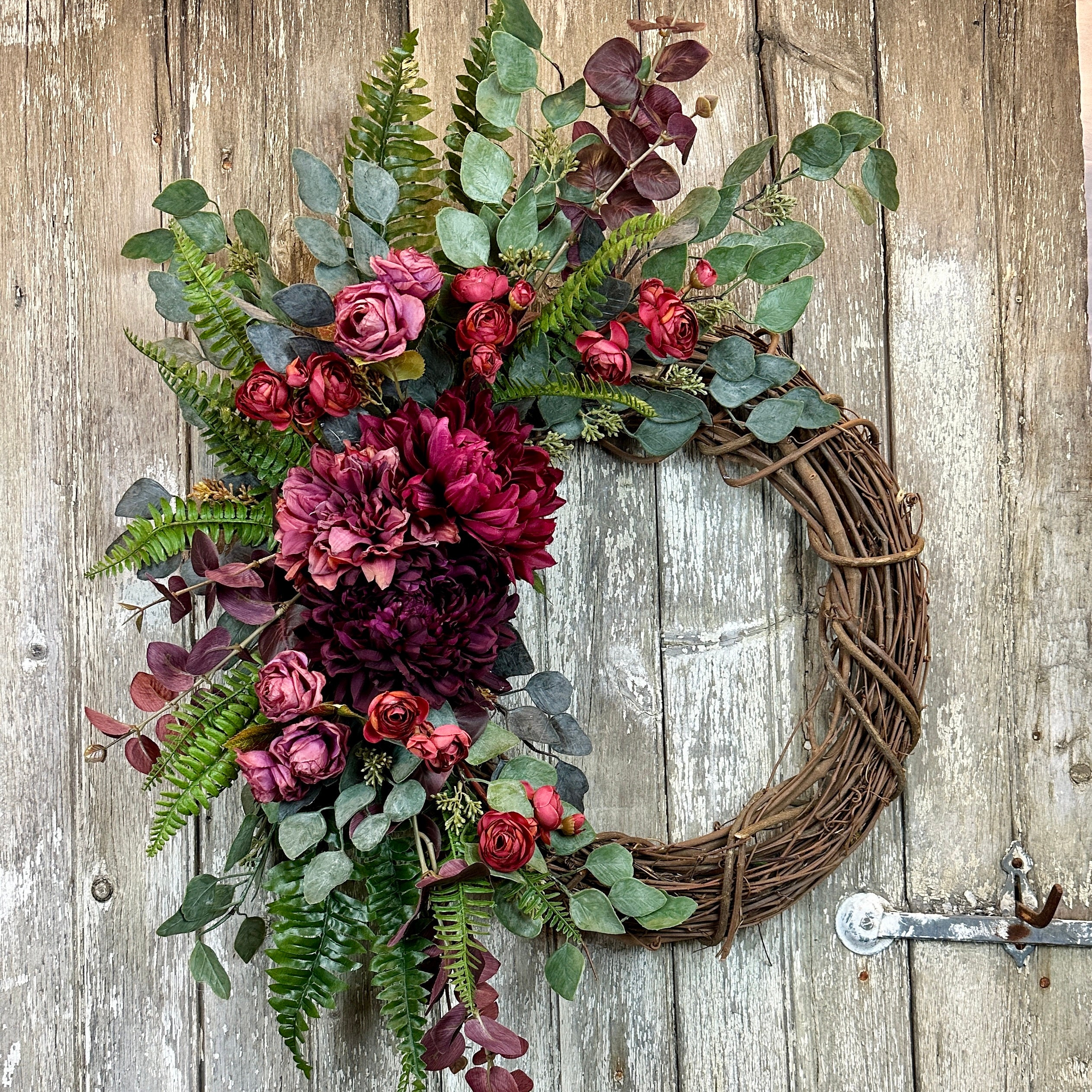 Plum Floral Wreath: Mauve Roses, Dahlias, Eucalyptus on Grapevine