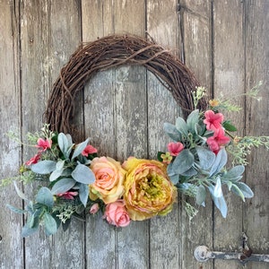 Peony Wreath for Front Door, Peony and Lamb&#39;s Ear Wreath