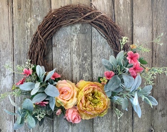 Peony Wreath for Front Door, Peony and Lamb's Ear Wreath