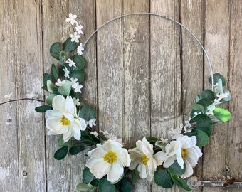 Magnolia Hoop Wreath, Minimalist Wreath, Farm House Hoop Wreath