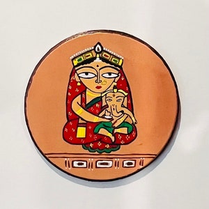Jamini Roy Style Painting - Bal Ganesh on Durga’s Lap, Maa Saraswati and Maa Lakshmi