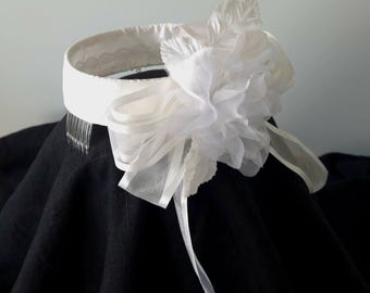 Ivory Bridal Halo Headband with Organza Flower, VIntage Romantic Wedding Hairpiece