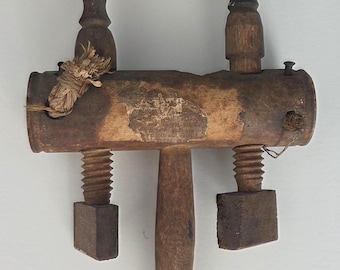 Antique Wooden Screw Clamp with Original Label - 19th C Textile or Bookbinding Tool