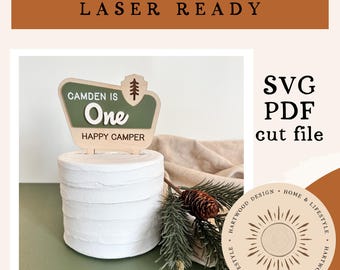 One Happy Camper First Birthday Cake Topper | SVG Laser Cut File | Camping Theme Digital Download
