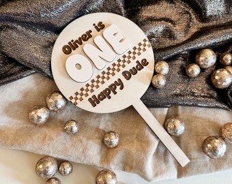 Checkered Wooden Cake Topper|One Happy Dude Cake Topper|Neutral Checkered First Birthday