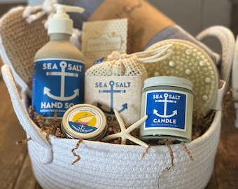 Cesta de regalo para amantes de la playa, Regalos con temática playera/Regalos para ella, Cuidado de la piel, Cestas de regalo, Packs navideños con temática playera, Regalos de aromaterapia, Regalos de spa