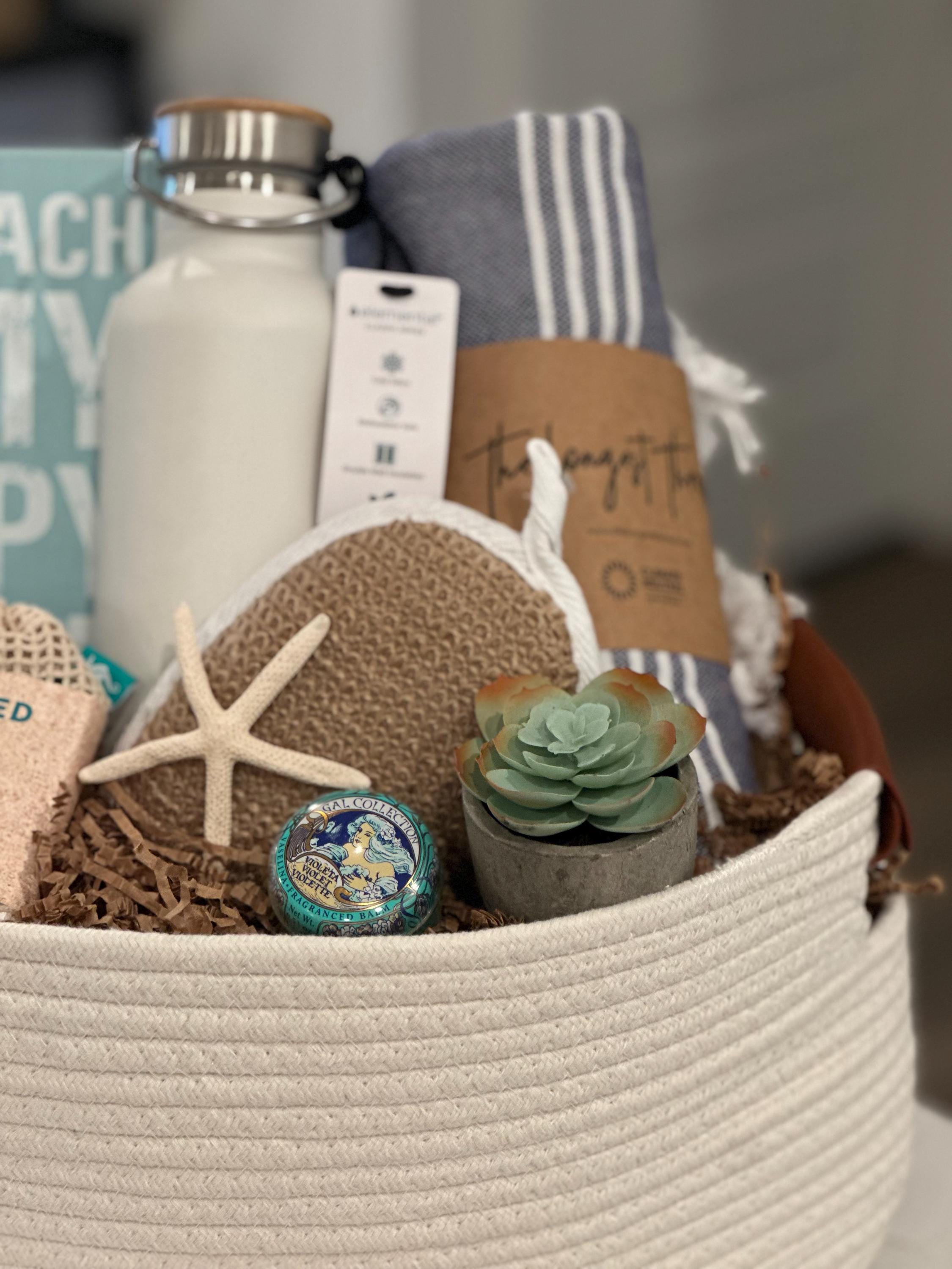 Beach Lover Gift Basket: Turkish Towel, Seaweed Candle & Succulent