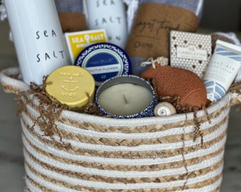 Cesta de regalo para amantes de la playa/Regalo para amantes de la playa/Regalos para parejas/Relájese y descanse/Regalos con temática de playa/Cestas de regalo personalizadas/Cestas de regalo de lujo/Costera