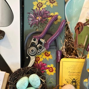 May include: A gardening gift basket with a pair of purple pruning shears, a bar of soap, a wooden spoon, and a bird's nest with blue eggs. The basket is filled with brown paper shreds and has a floral pattern.