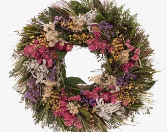 Corona floral primaveral hecha a mano, 45 cm, decoración de puerta en tonos pastel, corona de primavera, corona de flores secas, corona de flores secas naturales, coronas, decoración del hogar