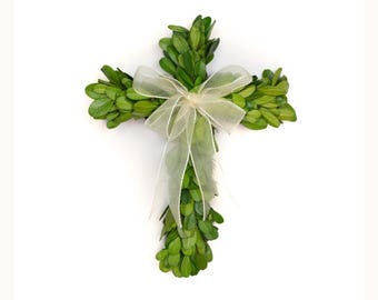 Corona de cruz de boj preservado, decoración religiosa para el hogar, decoración de bodas y condolencias de Pascua.