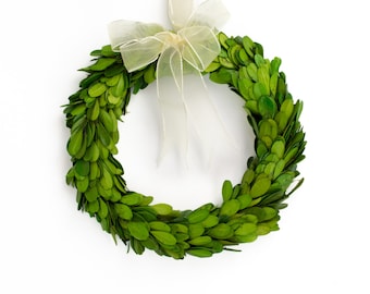 Corona de boj preservado con cinta, decoración estilo cottagecore, 20 cm (8 pulgadas)