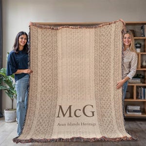 May include: A beige woven throw blanket with a geometric pattern and fringe trim. The blanket is held up by two people. The text "McG Aran Islands Heritage" is displayed on the blanket.