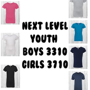 May include: A collection of youth t-shirts in various colors, including purple, red, pink, and blue. The text "NEXT LEVEL YOUTH BOYS 3310 GIRLS 3710" is displayed in the center. The shirts are displayed on a light wood-grain background.