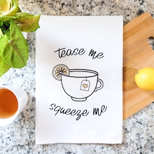 Tease Me Squeeze Me Hand-Screen Printed Cotton Tea Towel with Hand-Painted Metallic Gold Accents | Teacup Gift | Lemon-Themed Kitchen