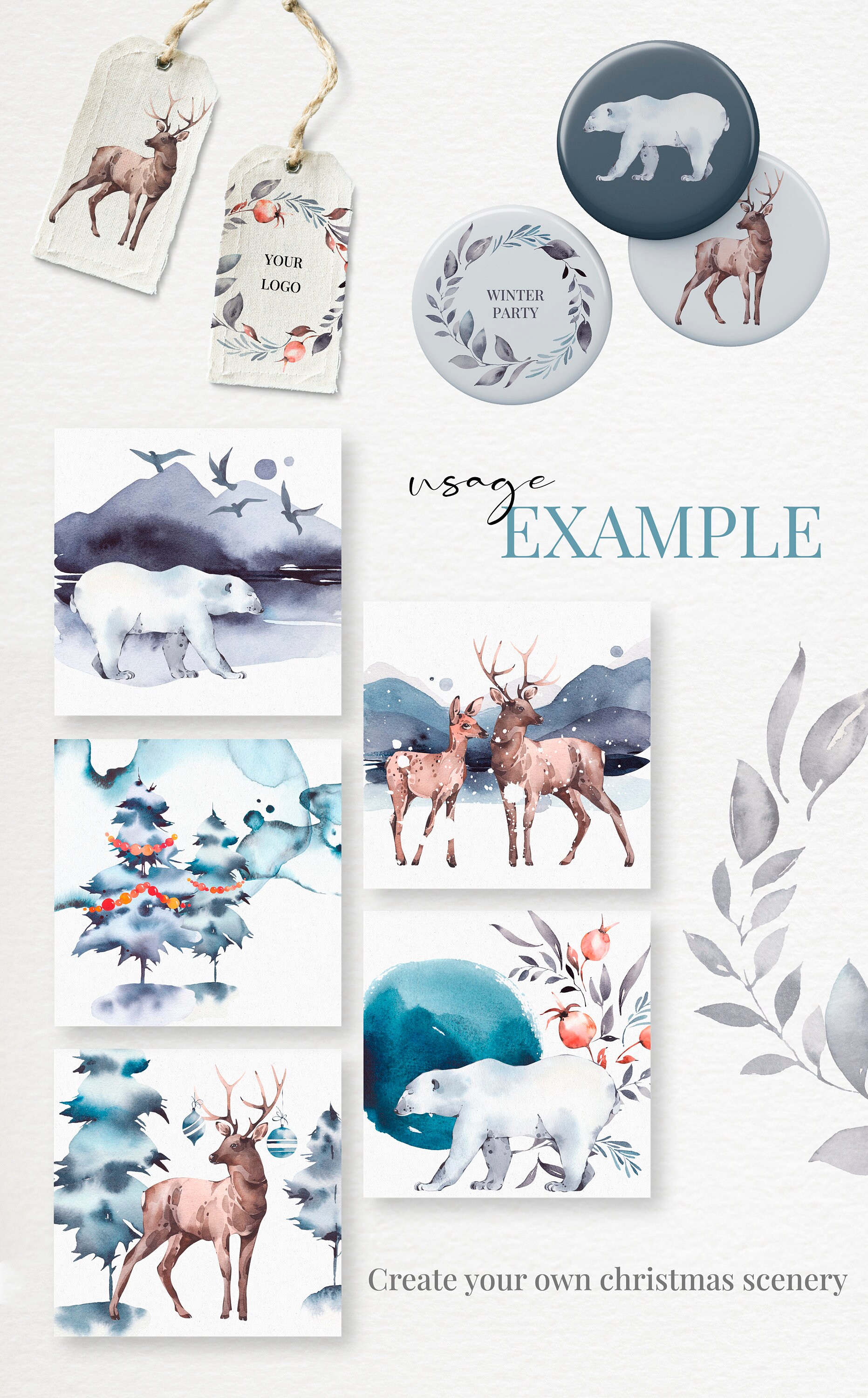 Winter Watercolor Clipart. Polar Bear and Deer. Winter Forest | Etsy