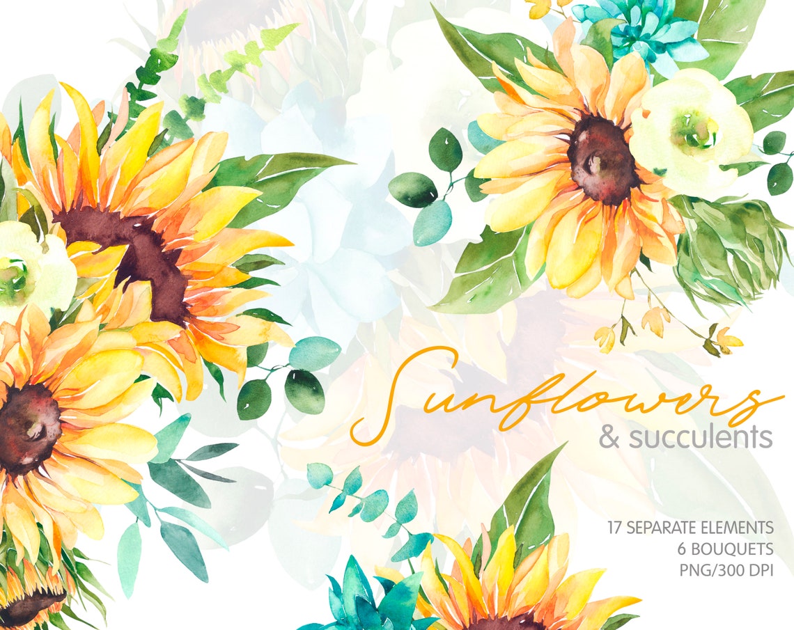 Watercolor Sunflowers Succulents Summer Yellow Blue Eucalyptus | Etsy