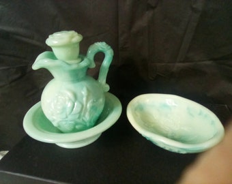 Avon bowl, pitcher , soap dish, vintage , rare 4 pc. set in great condition . Aqua marbled color glass