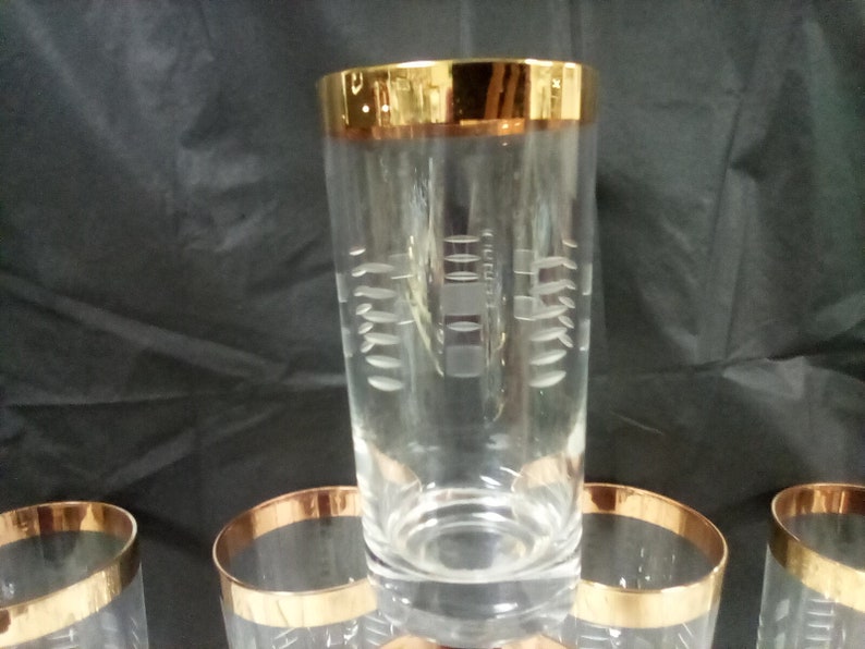 Vintage Bar Glasses, Gold Rimmed, Set of 7, 3 Wide X 6 High