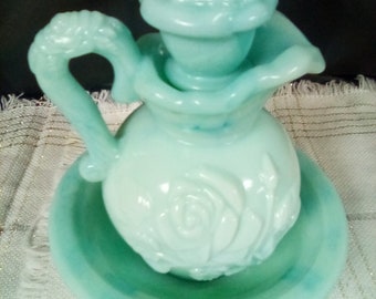 Avon bowl and pitcher , aqua blue, vintage set with stopper