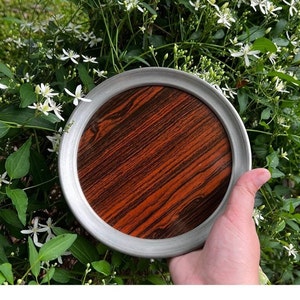 HOLIDAYS! Pewter Rimmed Serving Piece: Mid-century. Matte finish. Round 7.5&quot; tray w durable center. Your Pewter collection. FREE Ship/track