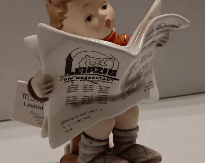 Hummel "Latest News" #184 70th Anniversary Edition, TMK-8 Triple date, artisan, and sculpture Signatures limited edition.RARE