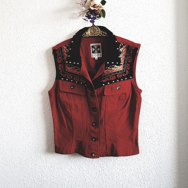 Hairston Roberson Ropa Womens M Western Aztec Embroidery Red Denim Vest Vintage 1990s