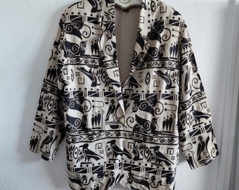 Andrea Jovine One Button Linen Egyptian Hieroglyphs Pharaoh Blazer Size 12