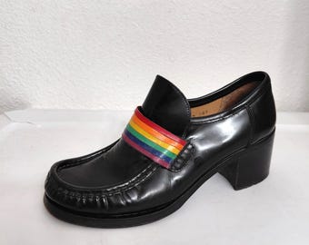 Y4K Patrick Cox Wannabe Rainbow Black Leather Pumps Loafers EUR 39-1/2 US 8 -8.5.Made In Italy