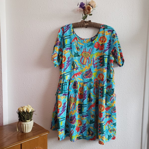 Vintage Hawaii Womens Dress Xtreme Island Design Pockets XID Rayon Colorful XL