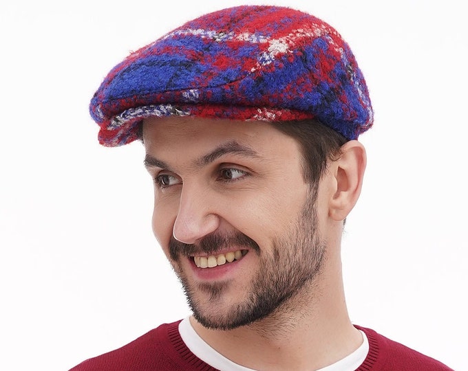 Flat Cap for Men – Red and Blue Wool Plaid Cap | Vintage Men's Hat | Two-Tone Wool Flat Cap | Handmade Red and Blue Cap