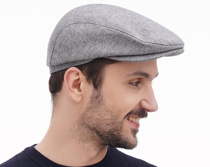 Men's Grey Wool Flat Cap – Handmade Tweed Irish Hat | Vintage Style Gatsby Cap for Winter | Classic Baker Boy Hat for Men