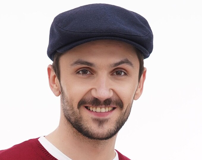 Flat Cap for Men – Dark Blue Wool Cap | Classic Men's Vintage Hat | Handmade Wool Flat Cap | Stylish Dark Blue Cap