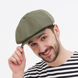Mens Summer Linen Newsboy Cap – Olive Flat Cap – Lightweight Baker Boy Hat – Gift Idea for Him