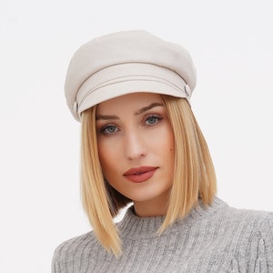 Linen summer fisherman cap newsboy women baker boy hat breton ivory