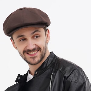 Newsboy hat summer men’s wrinkled linen straight visor baker boy cap dark brown – gift for him