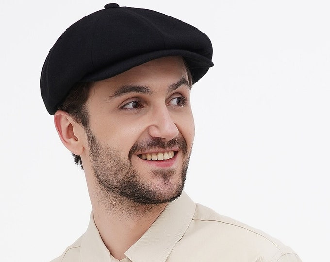 Newsboy Hat for Men – Black Wool Newsboy Cap | Classic Baker Boy Style | Vintage Men's Wool Hat with Straight Brim | Handmade Black Cap