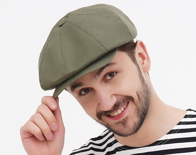 Men’s Summer Linen Newsboy Cap – Lightweight Flat Cap in Olive