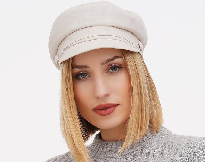 Linen summer fisherman cap newsboy women baker boy hat breton ivory