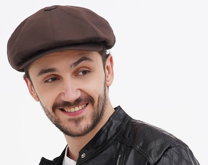 Men’s summer linen newsboy cap – dark brown 8 panel hat with straight visor
