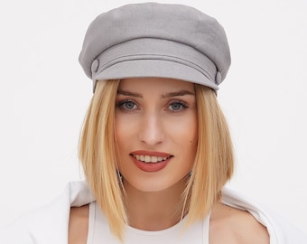 Linen Summer Newsboy Cap – Grey Baker Boy Hat for Women